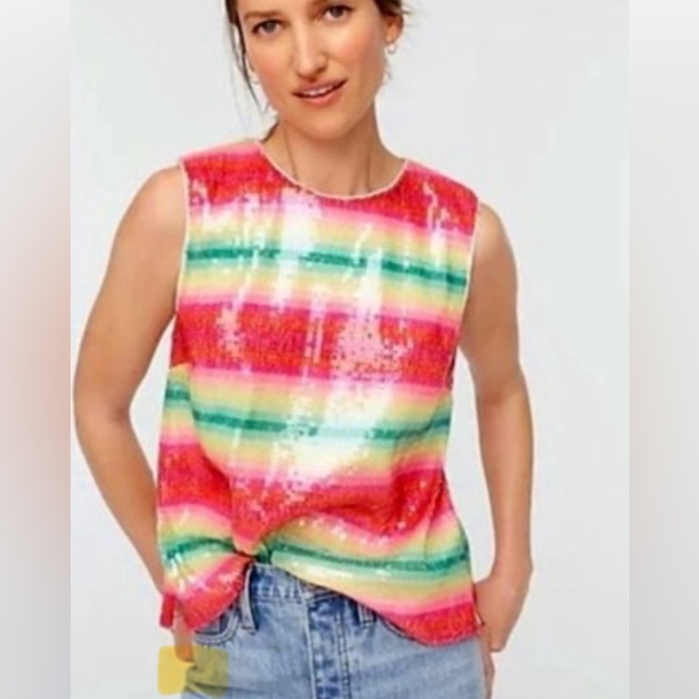 J Crew Pink And Green Striped Sequined Sleeveless Tank NEW Size M